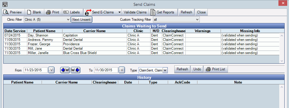 Open Dental Software Manual - Send Claims Window