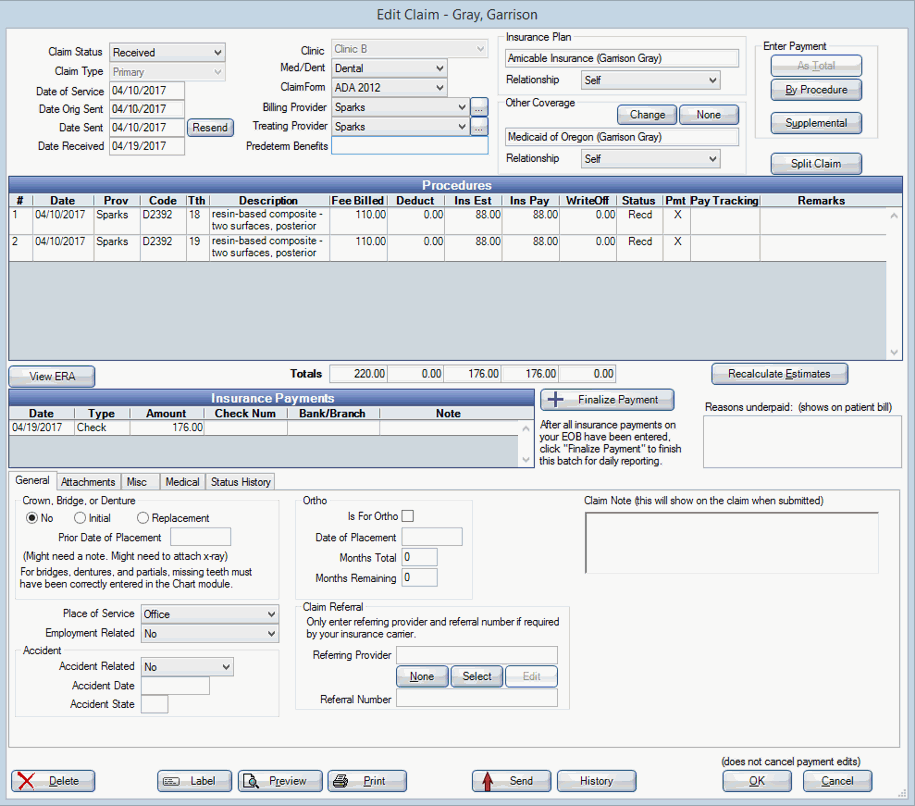 Open Dental Software Manual - Edit Claim Window