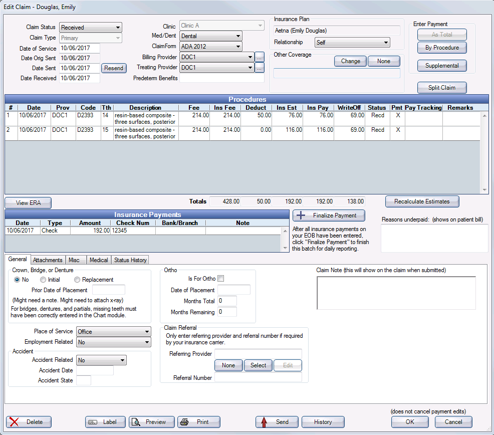 Open Dental Software Manual - Edit Claim Window