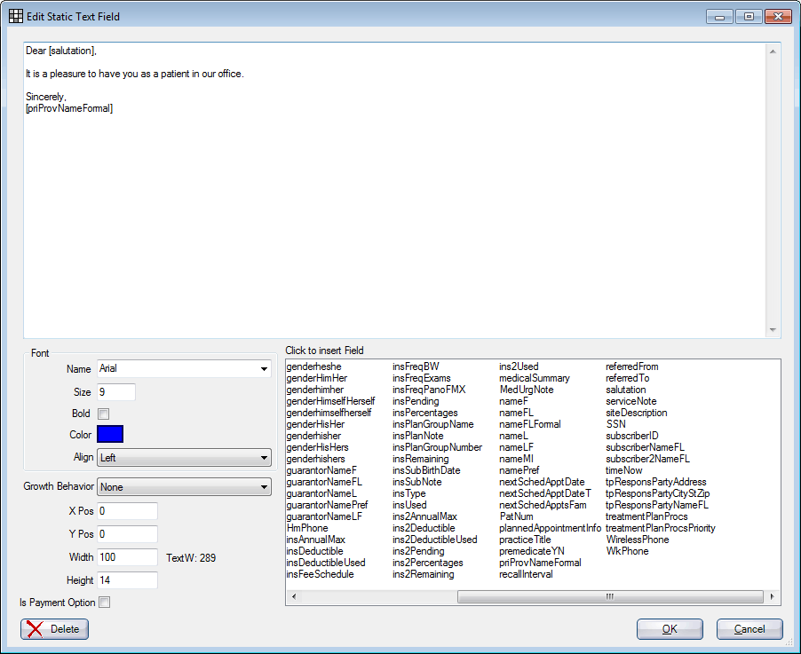 Open Dental Software Manual - Sheets: Static Text Fields