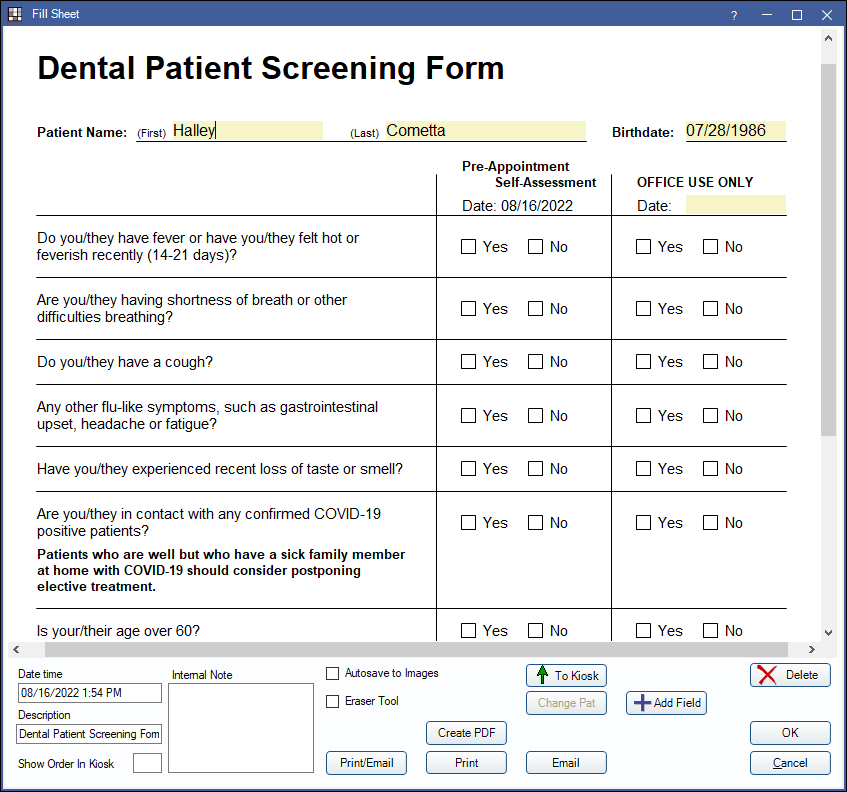 Open Dental Software Dental Patient Screening Form