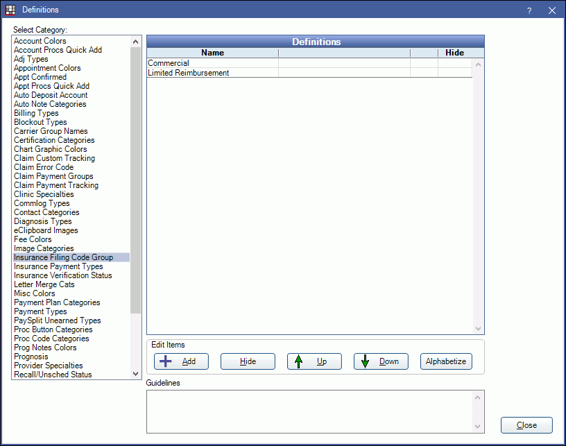 Open Dental Software Definitions Insurance Filing Code Group