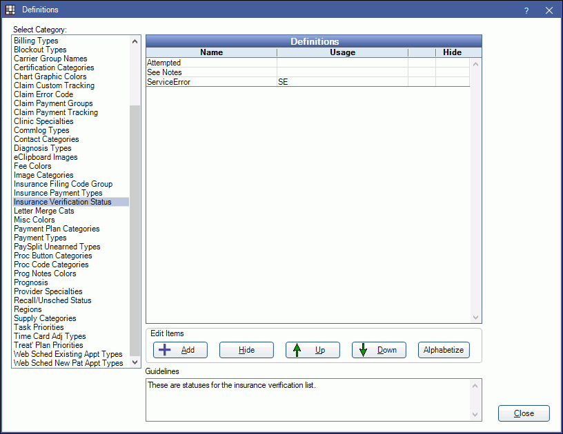 open-dental-software-definitions-insurance-verification-status