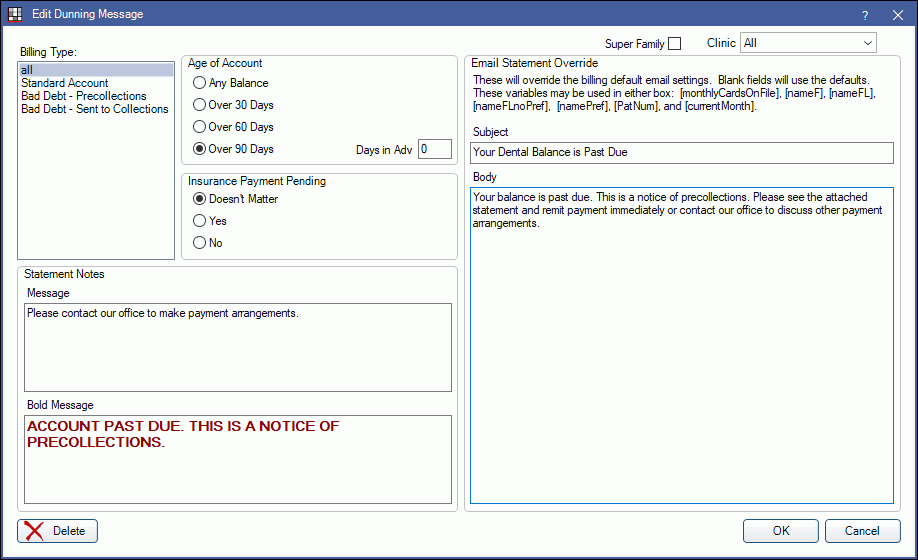 Open Dental Software Dunning Messages